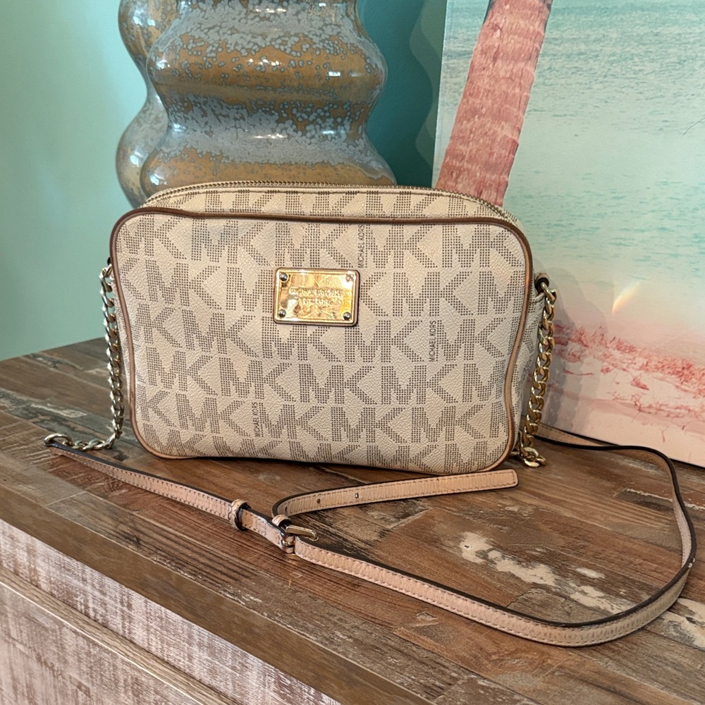 Michael Kors Beige Logo Crossbody Camera Bag with Gold Plate